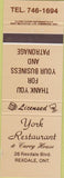 Matchbook Cover - York Restaurant Rexdale ON