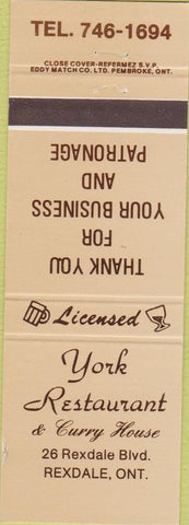 Matchbook Cover - York Restaurant Rexdale ON