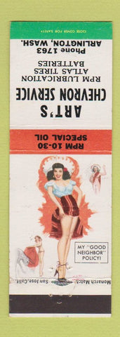 Matchbook Cover - Art's Chevron oil gas Arlington WA low phone # pinup
