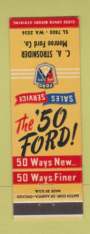 Matchbook Cover - 1950 Ford CA Strosnider Monroe Ford Silver Spring MD