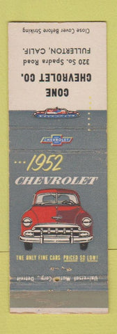 Matchbook Cover - 1952 Chevrolet Fullerton CA Cone