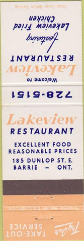 Matchbook Cover - Lakeview Restaurant Barrie ON