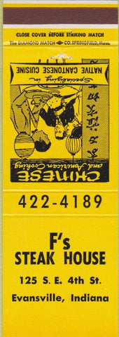 Matchbook Cover - F's Steak House Evansville IN