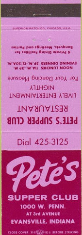 Matchbook Cover - Pete's Supper Club Evansville IN