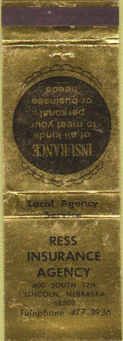 Matchbook Cover - Ress Insurance Agency Lincoln NE