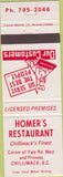 Matchbook Cover - Homer's Restaurant Chilliwack BC