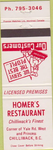 Matchbook Cover - Homer's Restaurant Chilliwack BC