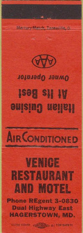 Matchbook Cover - Venice Restaurant Motel Hagerstown MD