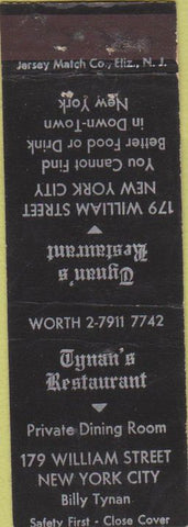 Matchbook Cover - Tynan's Restaurant Safety First NYC Jersey Match