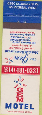 Matchbook Cover - Gem Motel Montreal West QC