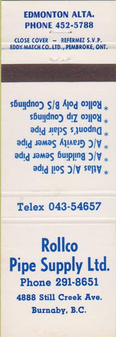 Matchbook Cover - Rollco Pipe Supply Burnaby BC