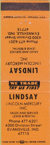 Matchbook Cover - Lindsay Lincoln Mercury Evansville IN
