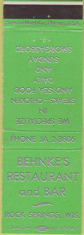 Matchbook Cover - Behnke's Restaurant Rock Springs WI