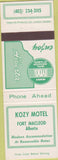 Matchbook Cover - Kozy Motel Fort Macleod Alberta