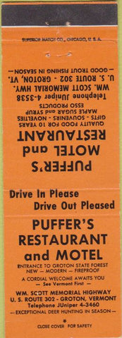 Matchbook Cover - Puffer's Motel Restaurant Groton VT