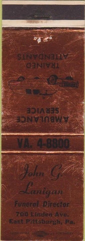 Matchbook Cover - Lanigan Funeral Home East Pittsburgh PA