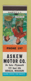 Matchbook Cover - Askew Motors DeSoto Plymouth Sedalia MO low phone # SAMPLE