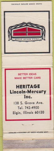 Matchbook Cover - Heritage Lincoln Mercury Elgin IL WORN CREASES