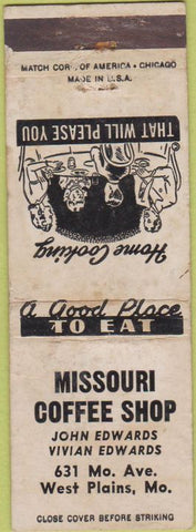 Matchbook Cover - Missouri Coffee Shop West Plains MO WORN