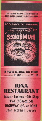 Matchbook Cover - Iona Restaurant ON