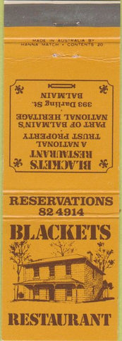 Matchbook Cover - Blackets Restaurant Balmain Australia