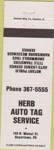 Matchbook Cover - Herb Auto Tag Service Boyertown PA CREASE