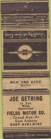 Matchbook Cover - Joe Gething Chevrolet POOR