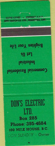 Matchbook Cover - Don's Electric 100 Mile House BC
