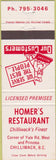 Matchbook Cover - Homer's Restaurant Chilliwack BC