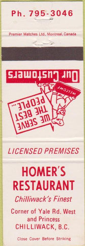 Matchbook Cover - Homer's Restaurant Chilliwack BC