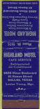 Matchbook Cover - Highland Motel Dallas TX