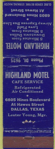 Matchbook Cover - Highland Motel Dallas TX