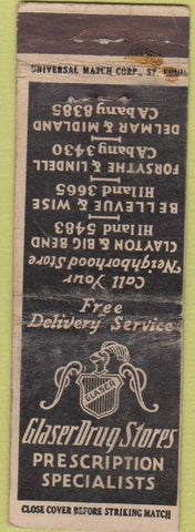 Matchbook Cover - Glaser Drug Stores St Louis MO Universal Long WORN 20s?