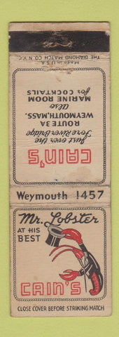 Matchbook Cover - Mr Lobster Cain's Weymouth MA WORN
