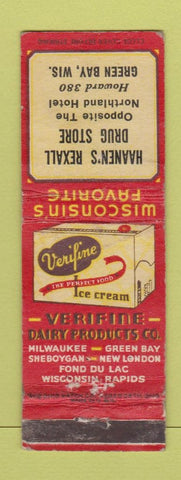 Matchbook Cover - Verifine Ice Cream Haanen's Rexall Drug Green Bay WI WORN