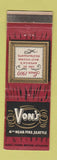 Matchbook Cover - Von's Restaurant Seattle WA