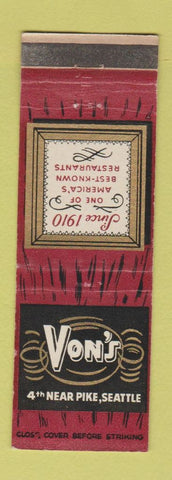 Matchbook Cover - Von's Restaurant Seattle WA