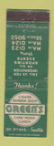 Matchbook Cover - Green's Cigars Barber Shop Cards Seattle WA WORN