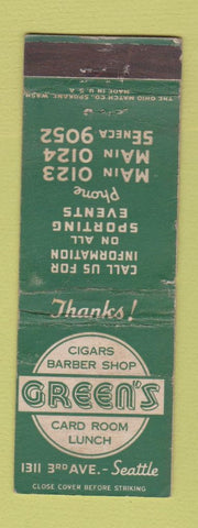 Matchbook Cover - Green's Cigars Barber Shop Cards Seattle WA WORN