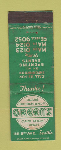 Matchbook Cover - Green's Cigars Barber Shop Cards Seattle WA WORN