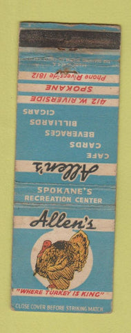 Matchbook Cover - Allen's Cafe cards billiards Spokane WA WORN turkey