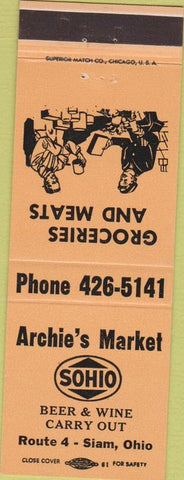 Matchbook Cover - Archie's Market Siam OH peach Sohio oil gas