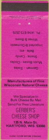 Matchbook Cover - Gerber's Cheese Shop Hartford WI pink
