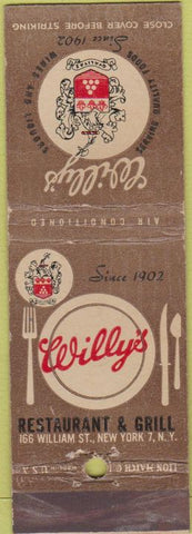 Matchbook Cover - Willy's Restaurant New York City WEAR