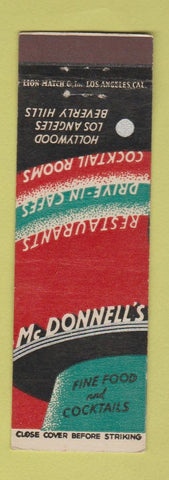 Matchbook Cover - McDonnell's Restaurant Beverly Hills Hollywood Los Angeles CA