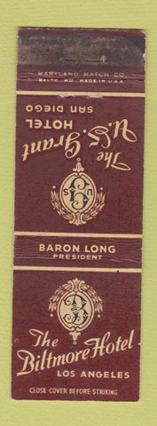 Matchbook Cover - US Grant Hotel San Diego Biltmore Los Angeles CA WORN