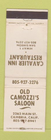 Matchbook Cover - Old Camozzi's Saloon Cambria CA Cavalier Inn San Simeon WEAR