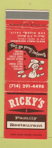 Matchbook Cover - Ricky's Restaurant San Diego CA