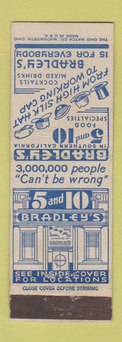 Matchbook Cover - Bradley's 5 and 10 San Diego Hollywood West Los Angeles CA
