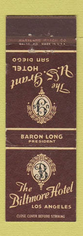 Matchbook Cover - Biltmore Hotel Los Angeles CA US Grant San Diego